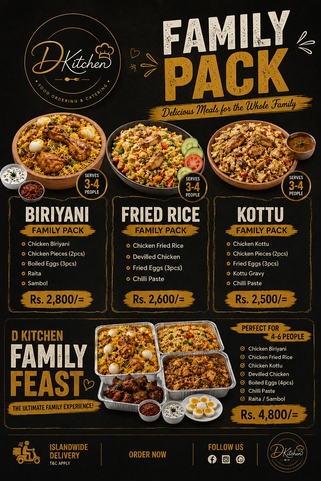 D Kitchen family pack menu — Biriyani, Fried Rice, Kottu and Family Feast with prices