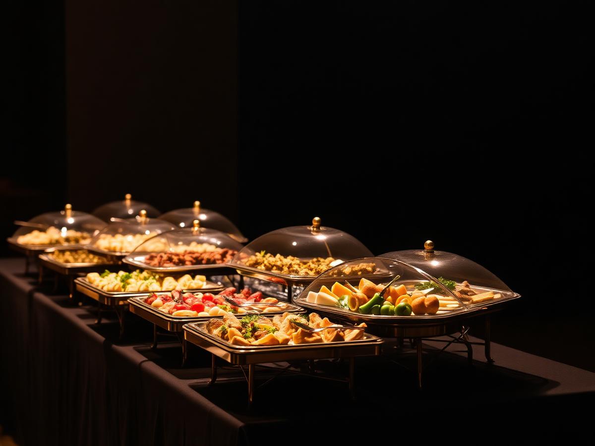 Buffet table with covered golden platters at a function