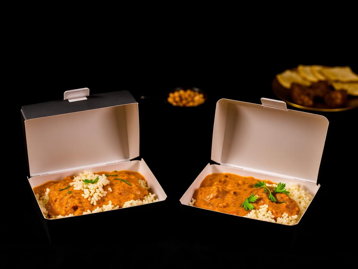 Packed rice and curry takeaway meal boxes